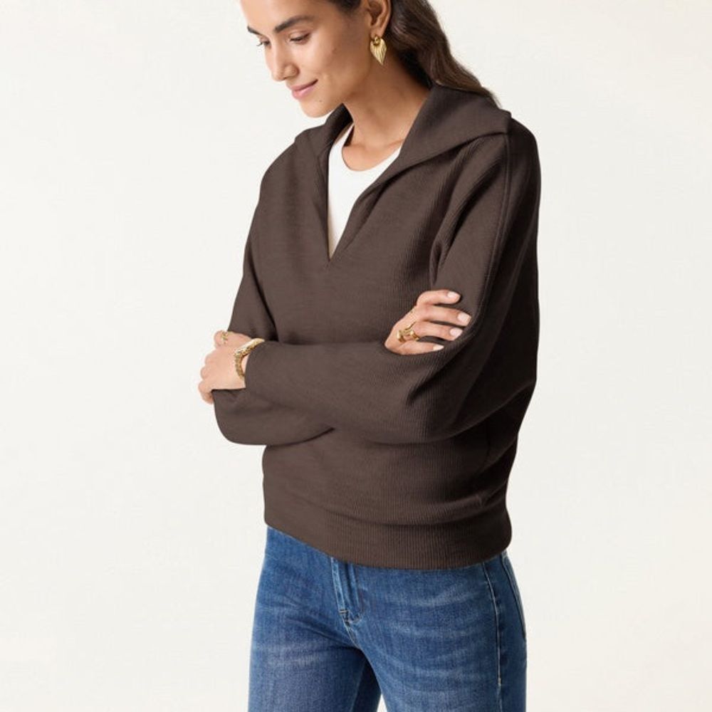 OGL Cozy Collared V-Neck Batwing Sleeve Pullover Deep Brown Wool Blend Size M
